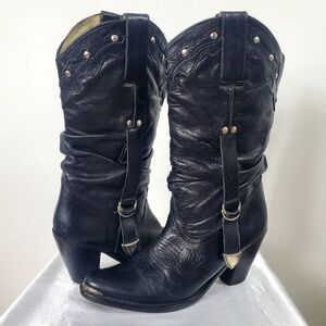 Vintage Y2K Aldo black slouchy leather cowboy boots with straps Western heel